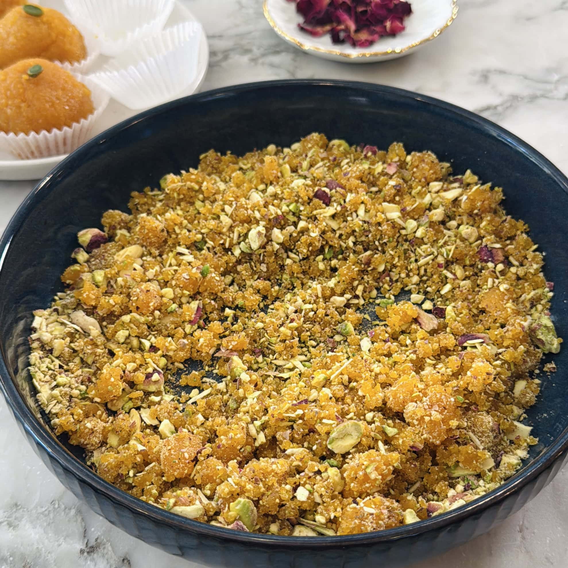 motichoor laddu, pistachio and cardamom filling