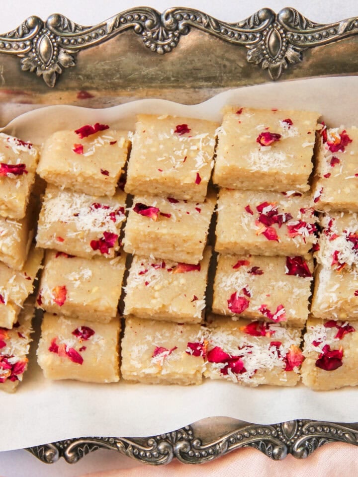 kaju makhana burfi in a silver platter.