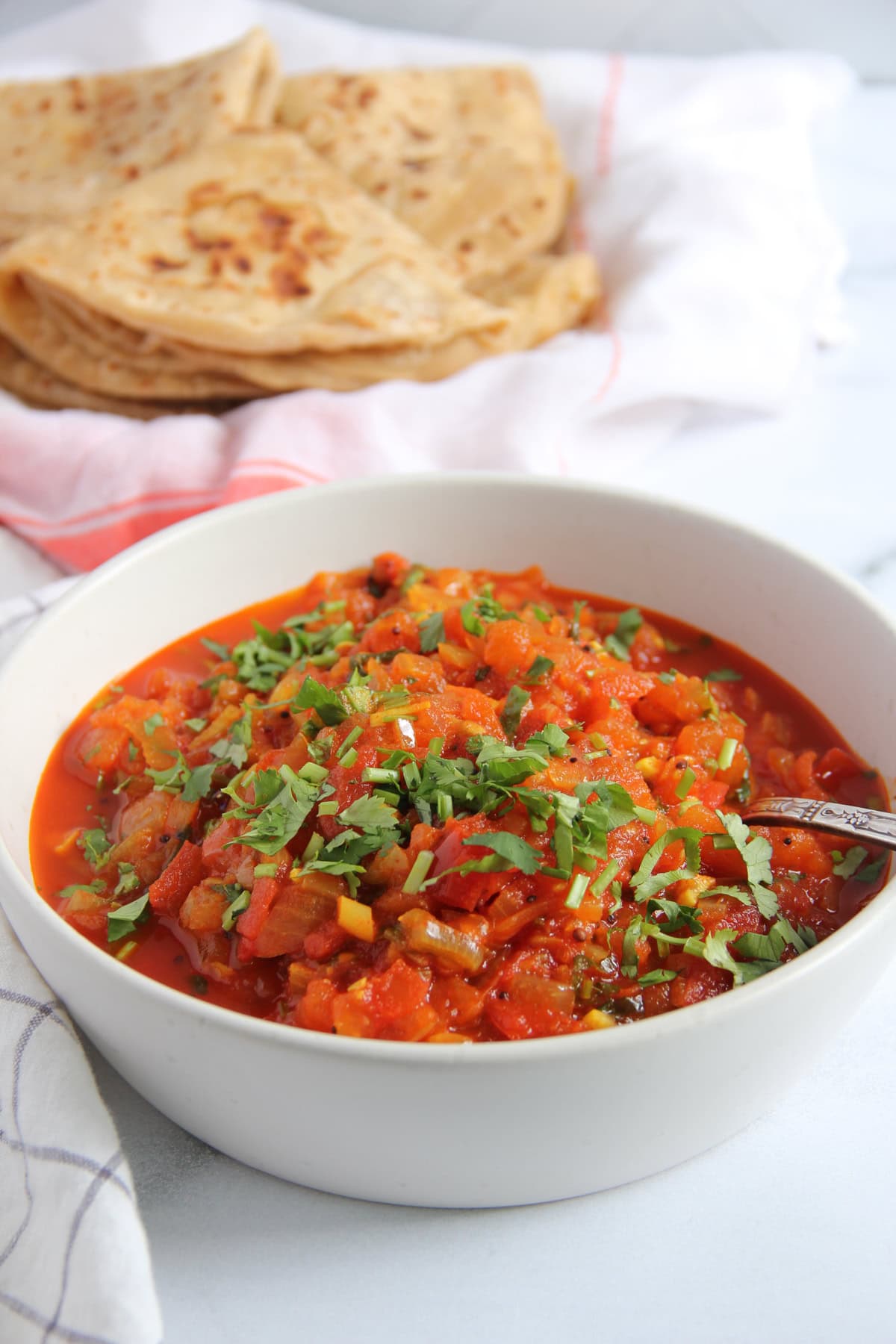 Tomato Chutney in a white bowl served with chapati on the side.