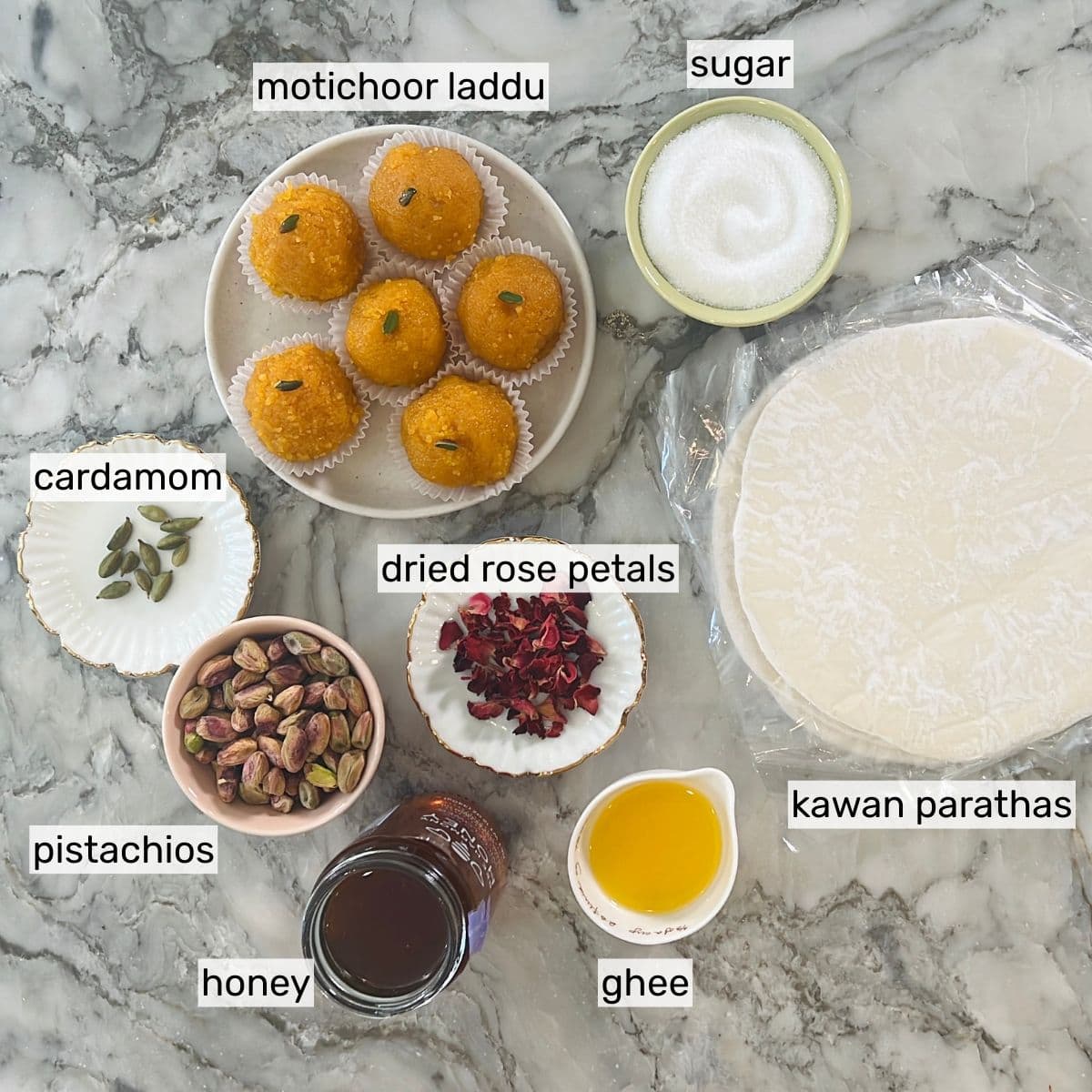ingredients for Motichoor pastry mithai bites.