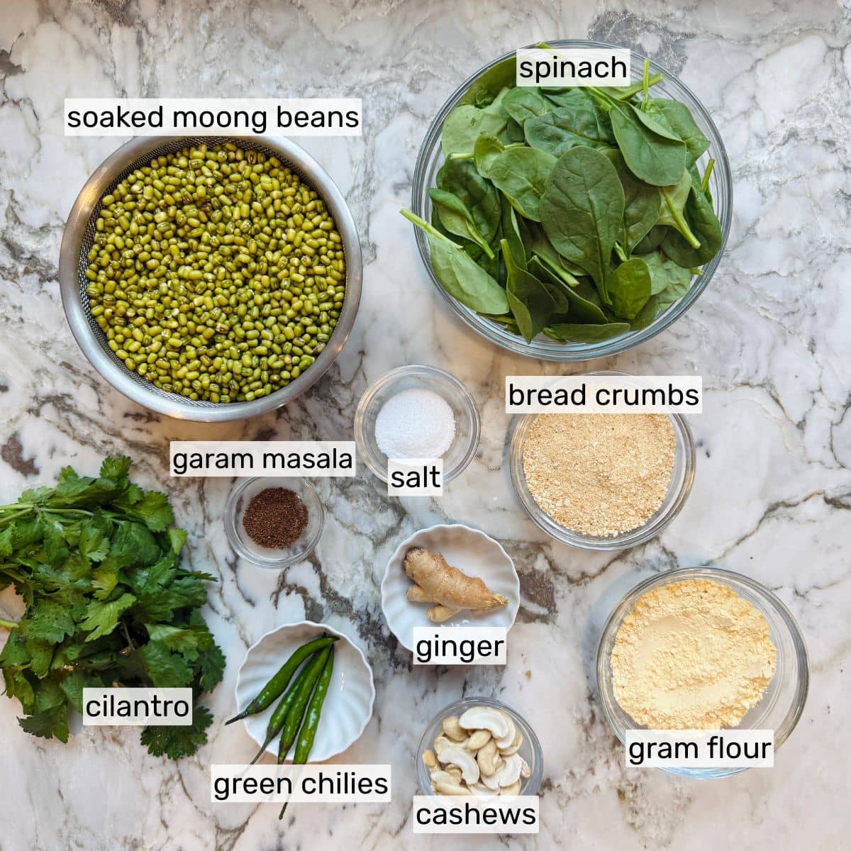 ingredients for whole green mung bean tikkis.