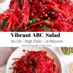 Shredded beet, carrot, and apple salad garnished with sesame seeds and herbs, served on a white plate with a gold fork. Text overlay highlights it as an oil-free, high-fiber, quick recipe.