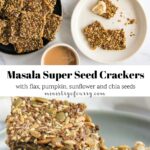 A plate and stack of seed crackers made with flax, pumpkin, sunflower, and chia seeds, served with butter and tea.
