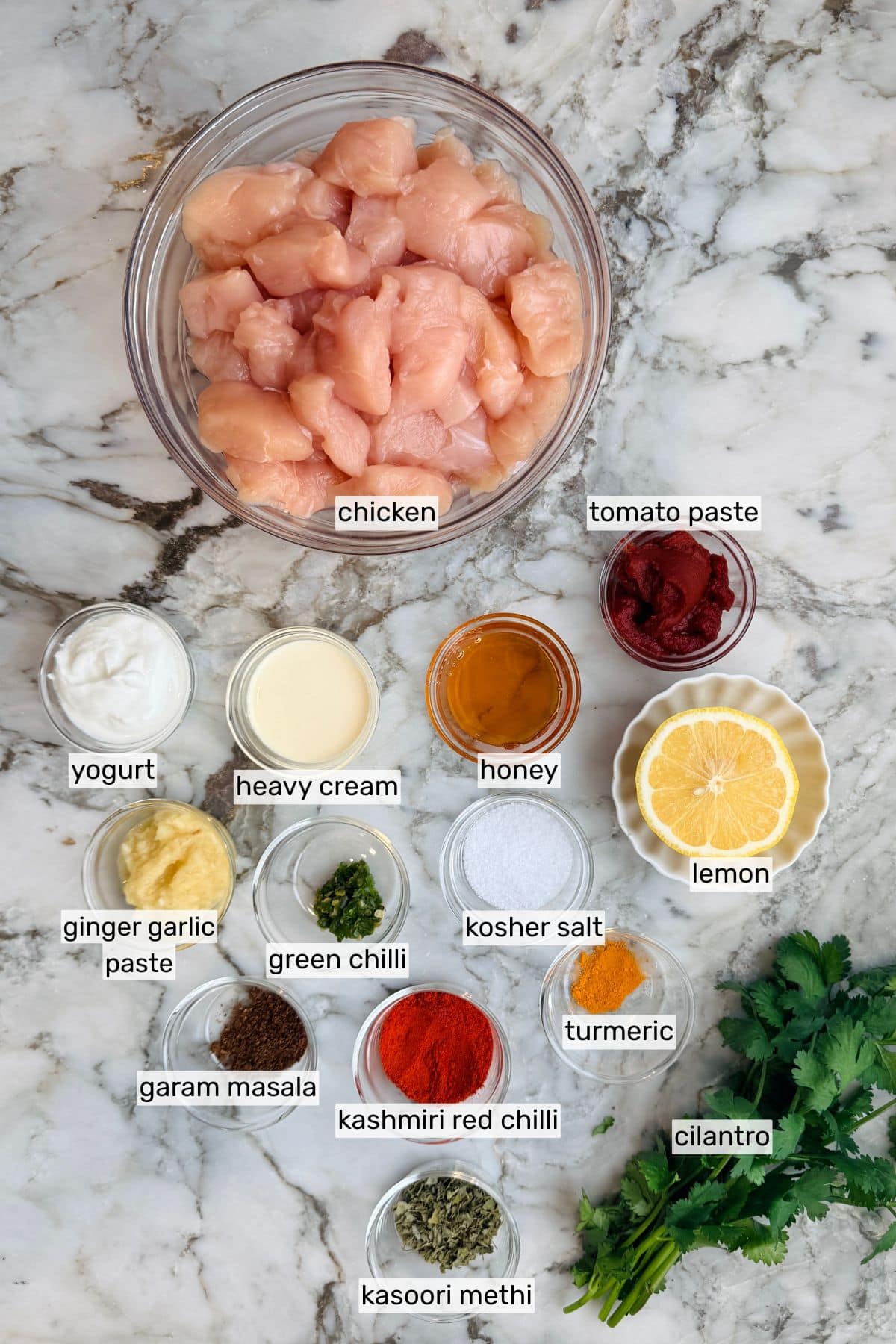 A marble countertop with labeled bowls of chicken, tomato paste, yogurt, heavy cream, honey, lemon, ginger garlic paste, green chili, salt, spices, and cilantro.