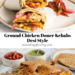 Dos platos con rollitos de döner kebab de pollo en rodajas, pimientos fritos, ensalada, pan plano y salsas, dispuestos sobre una superficie blanca.