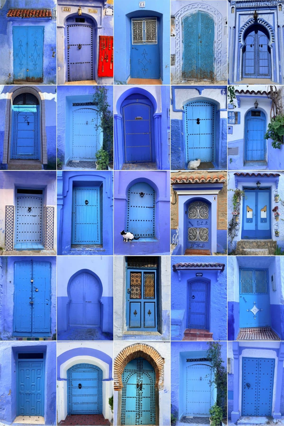 A collage of various blue doors and windows, all with different designs, in a grid pattern; some doors have arches, metalwork, or decorative elements.