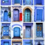 A collage of sixteen blue doors in various shapes and designs, set in white or blue walls; a black and white cat appears near one door.
