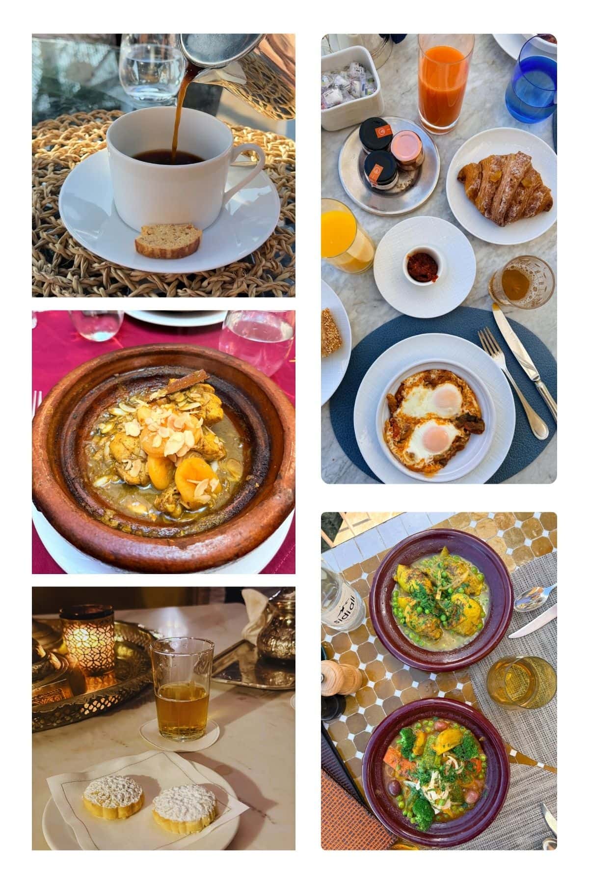 Collage of Moroccan meals and drinks, including coffee, pastries, tagine, eggs in tomato sauce, couscous dishes, and tea with traditional sweets on various tables.