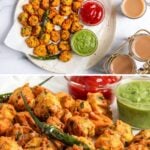 Plates of moong dal pakodas served with green chutney, ketchup, green chilies, and cups of chai tea on a marble surface.