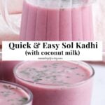 A pitcher and two glasses filled with pink sol kadhi, garnished with herbs. Text overlay reads: Quick & Easy Sol Kadhi (with coconut milk).