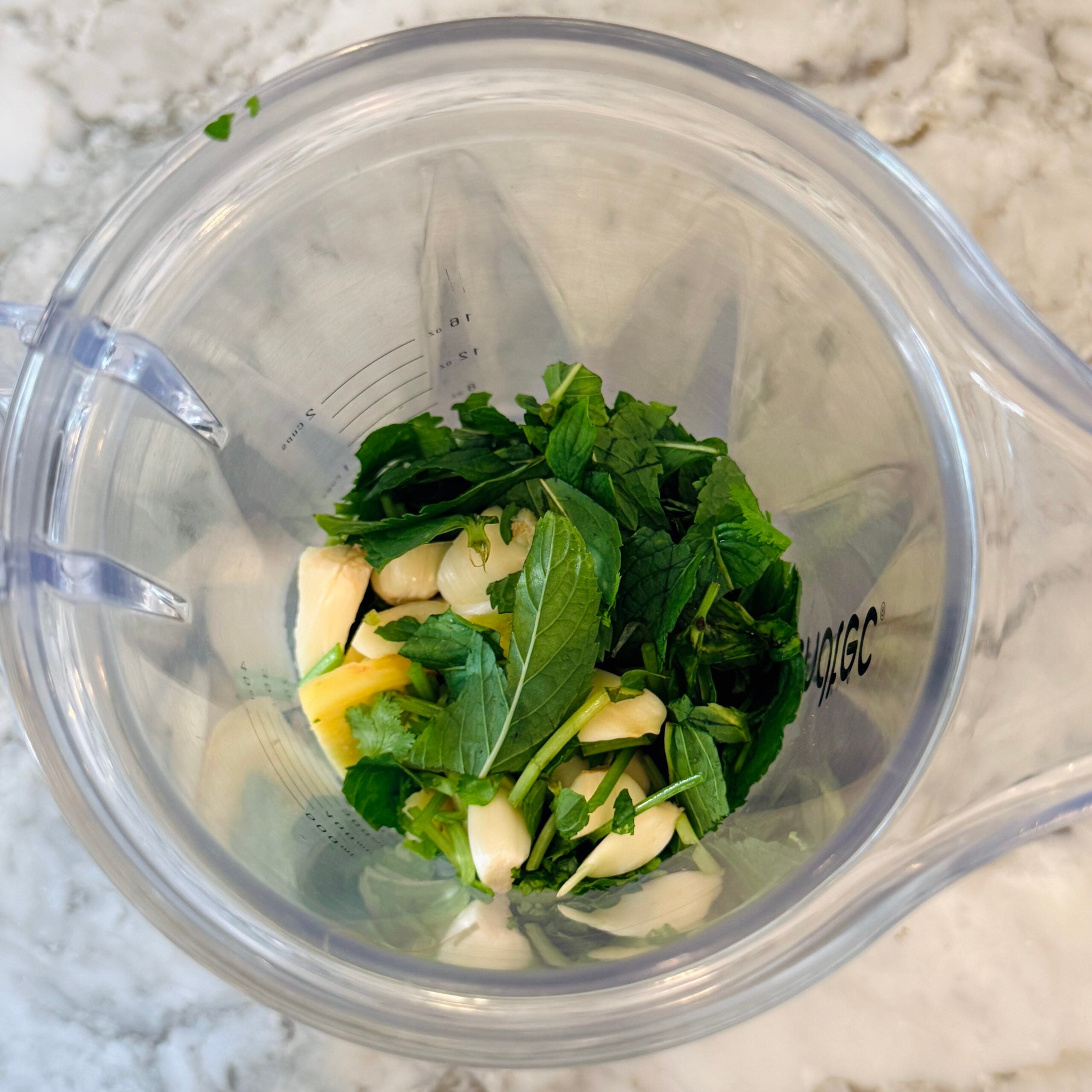 Fresh mint leaves, garlic cloves, and ginger in a clear blender jug on a marble countertop, ready to be blended.