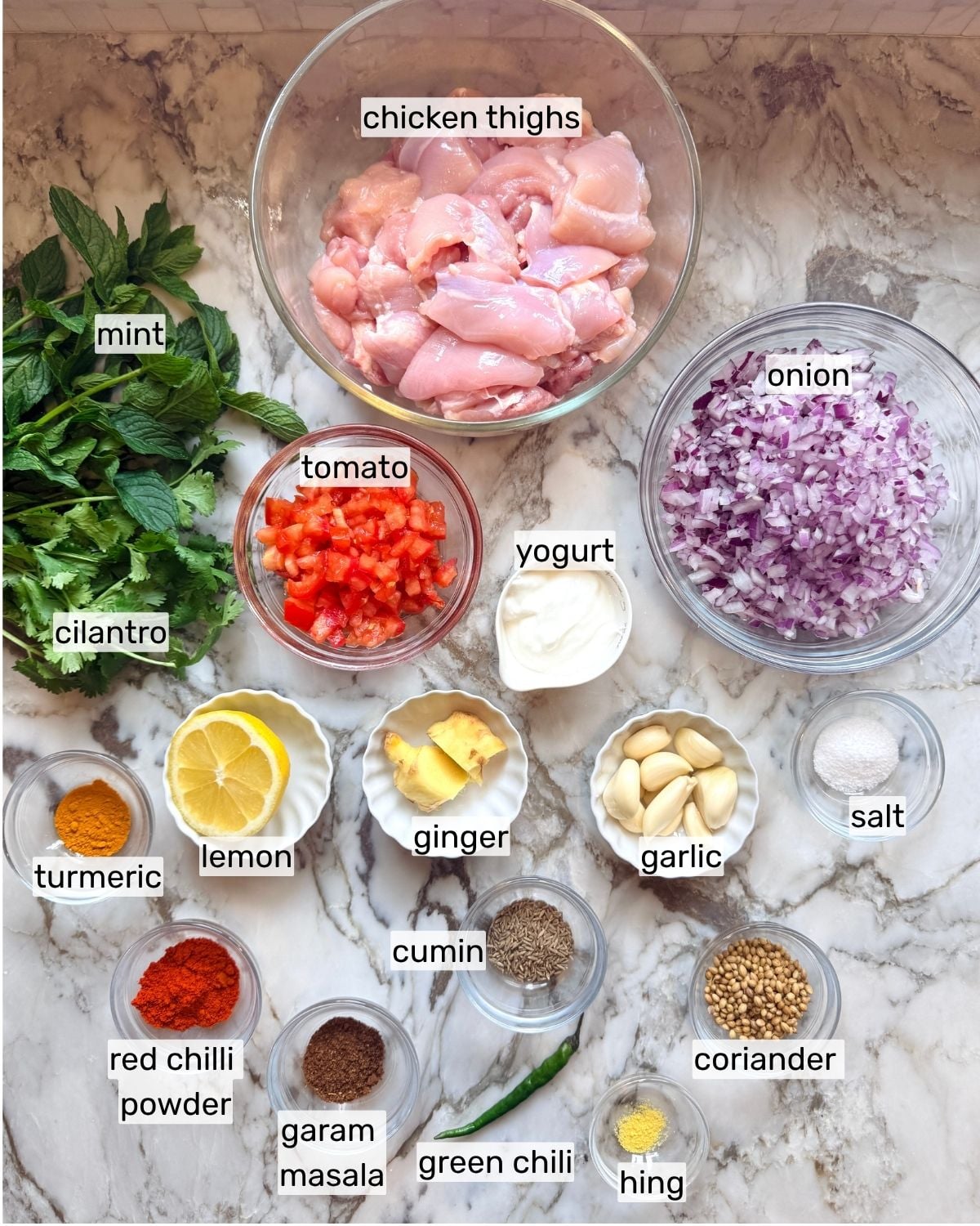 Bowls of raw chicken thighs, chopped onion, tomato, yogurt, and spices including turmeric, cumin, coriander, plus fresh mint, cilantro, lemon, garlic, ginger, green chili, and salt on a counter.