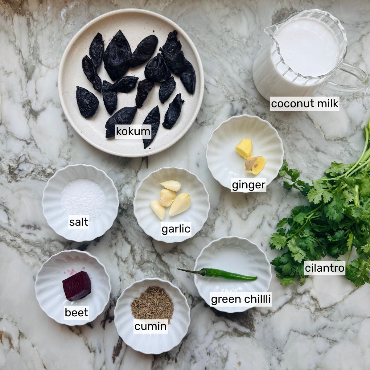 A marble surface with bowls of kokum, coconut milk, salt, beet, cumin, ginger, garlic, green chili, and cilantro, each ingredient labeled.