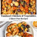 Sheet pan with baked tandoori chicken, cauliflower, and mixed potatoes, garnished with herbs; served on a plate with yogurt sauce and onion slices.