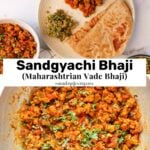Plate with chapati, green chutney, and a serving of Sandgyachi Bhaji. Bowl and pan with more bhaji are nearby. Text overlay reads: Sandgyachi Bhaji (Maharashtrian Vade Bhaji).