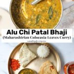 A bowl of Alu Chi Patal Bhaji with a serving plate containing the curry, rice, flatbread, papad, and chutney.