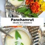 Two bowls of Panchamrut garnished with basil leaves sit on a silver tray with bright marigold flowers and a spoon.