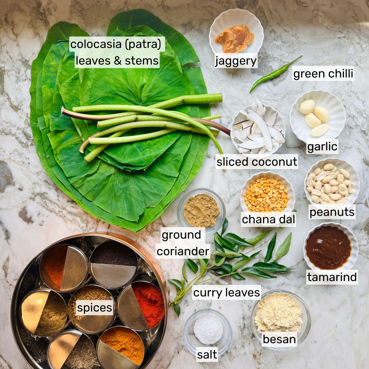 Ingredients for alu chi bhaji laid out on a marble surface, with labels identifying colocasia leaves, jaggery, chilli, coconut, garlic, chana dal, peanuts, ground coriander, curry leaves, tamarind, spices, salt, and besan.