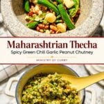 A stone mortar filled with green chilies, peanuts, and garlic, and a yellow spoon holding a chunky, blended mixture of the same ingredients in a bowl. Text reads Maharashtrian Thecha.