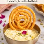 A metal bowl filled with rabdi topped with a spiral jalebi, rose petals, and chopped pistachios, with text reading Rabdi (Halwai-Style Lachhedar Rabri) at the top.