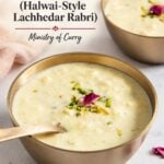 Two brass bowls filled with rabdi, a creamy Indian dessert topped with pistachios and rose petals, with the title Rabdi (Halwai-Style Lachhedar Rabri) Ministry of Curry overlaid.